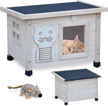 zooprinz Premium Wooden Cat House – Cat Box with Roof for Opening, Window and Swing Door – Sisal Scratching Band on the Cat Box – Weatherproof for Garden/Balcony – Indoor and Outdoor Shelter (Natural, Standard)