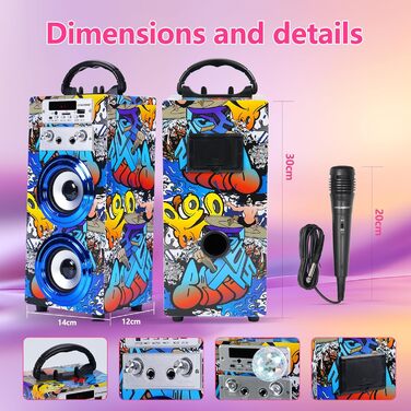 Караоке DYNASONIC з 2 мікрофонами, портативна караоке-машина, Bluetooth-динамік, USB та SD-картрідер, світлові ефекти, подарунок для дітей 5-13 років (Model 16 lights)