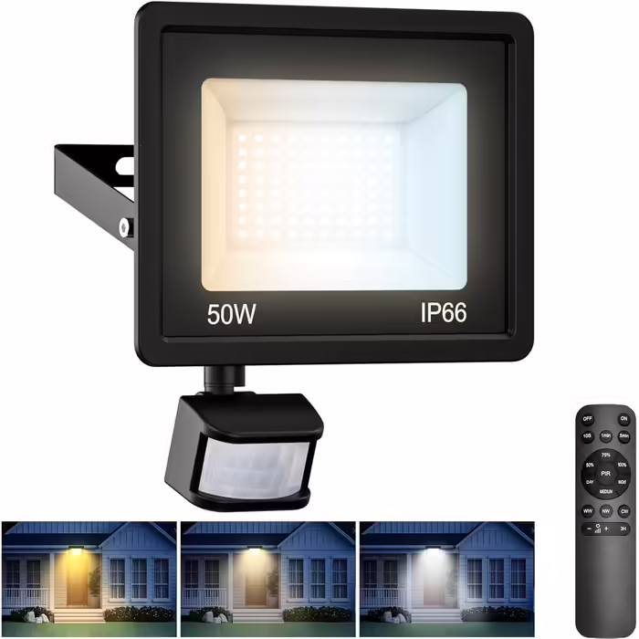 LED прожектор з датчиком руху для вулиці, 30 Вт, надяскравий, з пультом ДУ, IP66, 6500K холодне біле світло, для саду, гаража, двору, стіни, 2 шт. (теплий/нейтральний/холодний білий, 50 Вт - 1 шт.)