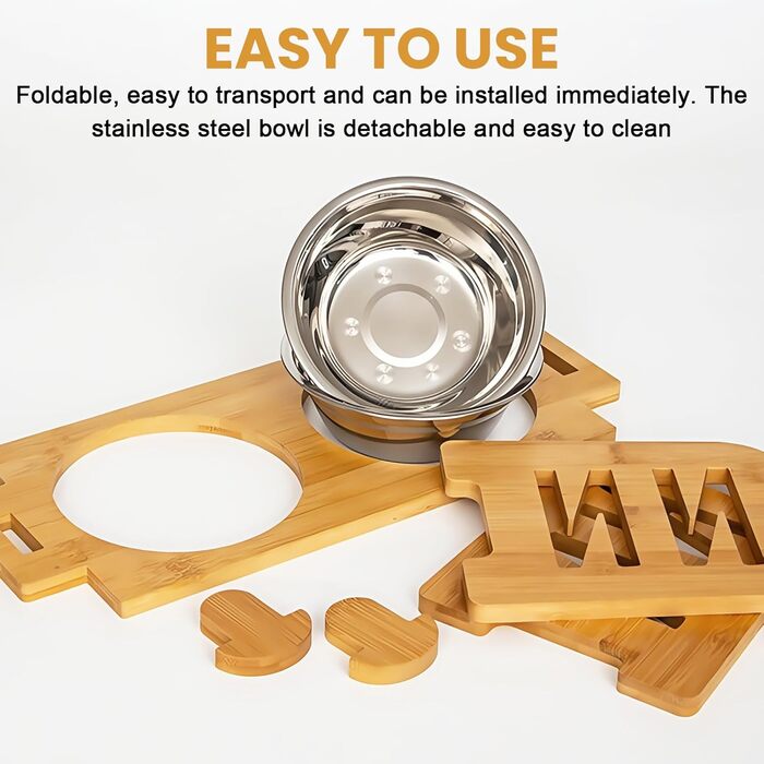 Підвищена годівниця для собак з бамбука з регулюванням висоти, 2 миски з нержавіючої сталі, нахилена годівниця для собак та котів, міцна