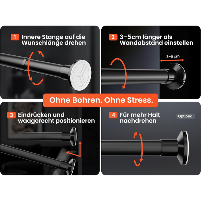 Штанга для душу без свердління 160-210 см, срібна, Ø 25 мм, телескопічна, з кріпленнями. Підходить для ванної, душу та перегородки. Телескопічна штанга для вікна 50-80 см, матовий чорний
