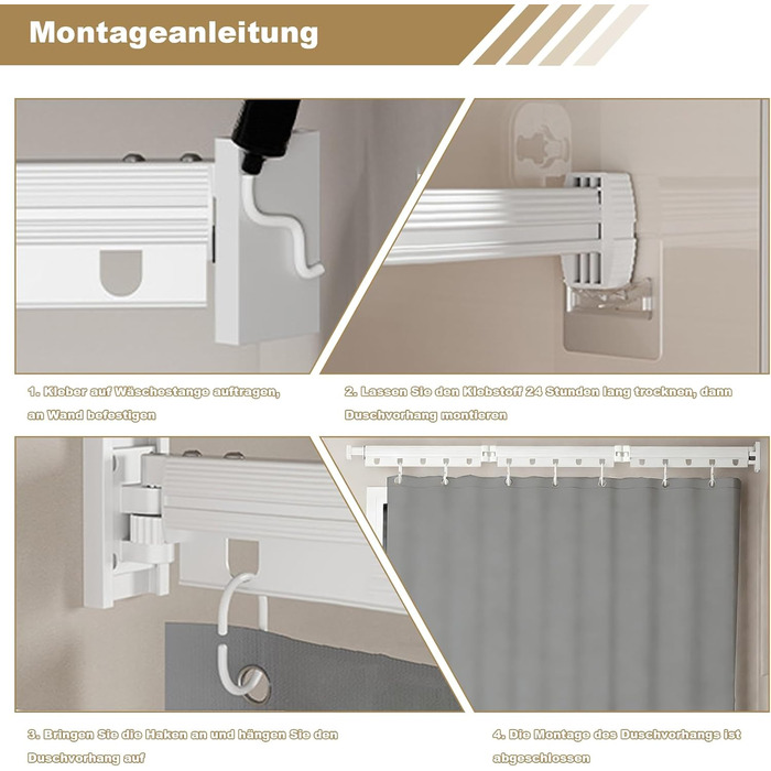 Шторка для душу з розсувною штангою без свердління, 4 секції, обертається, алюмінієвий сплав, водонепроникний антибактеріальний душ-завіса 180x200 см, для ванної кімнати та ванни (білий/сірий)