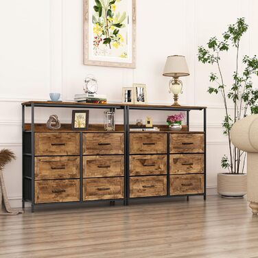 LYNCOHOME Chest of Drawers with Fabric Drawers, Sideboard Entryway Cabinet with 6 Fabric Drawers and Compartments, Drawer Organizer Furniture for Kitchen, Office, Bedroom (Embossed Brown)