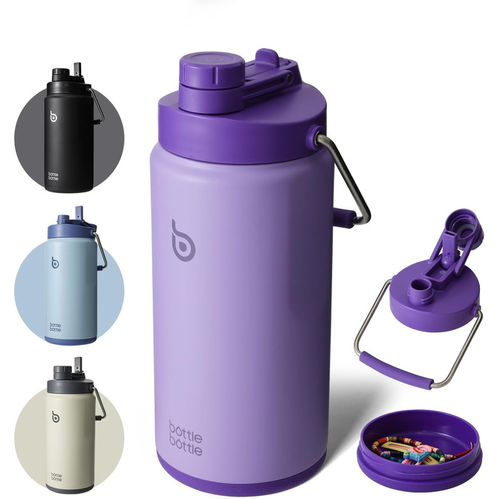 BOTTLE BOTTLE Insulated Stainless Steel Water Bottle 64oz (1.8L) with Straw, Lid, Handle & Pill Compartment – BPA-free, Leak-proof, Ideal Drinking Bottle for Sports, Fitness, Hiking & Outings (Violet)