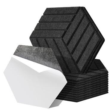 Акустичні гексагональні панелі Fiqops самоклеючі, звукопоглинаючі шестикутні плити для стін, чорні (30x26x0.9 см, 12 шт) для студії та дому