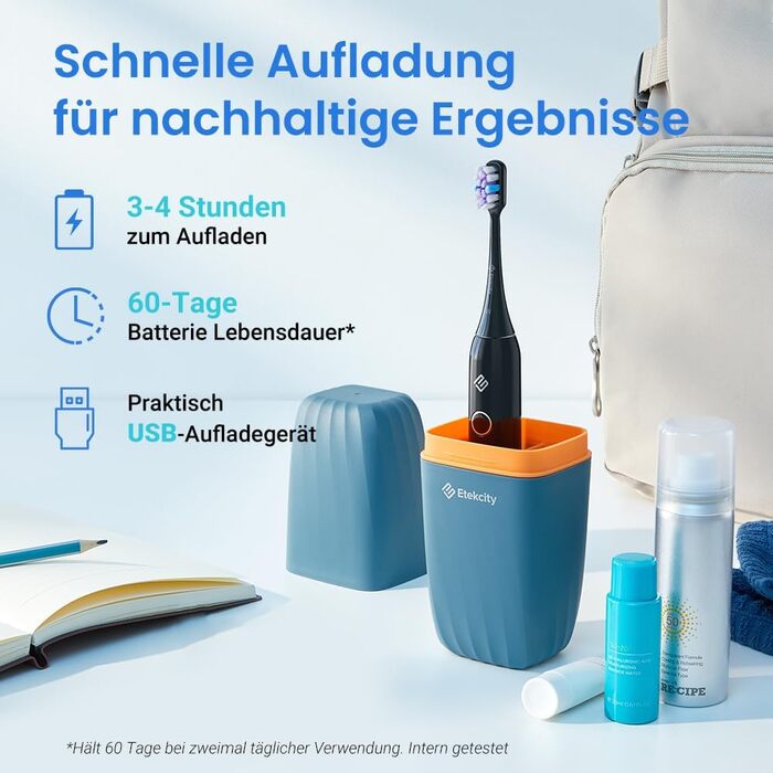 Електрична звукова зубна щітка Etekcity з 5 режимами, 6 насадок, таймер 2 хв, для дорослих та дітей, чорна преміум-модель