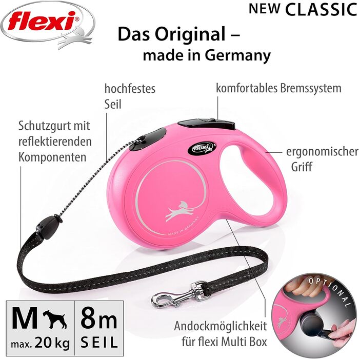 Поводок для собак Fexi Neon-Hundeeine з світловідбиваючим шнуром, ергономічний, без заплутування, 4,8 м, колір: неонові кольори/чорний (рожевий, середній)