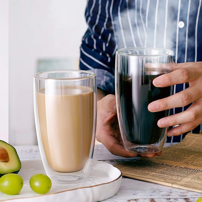 CNGLASS Double-Walled Insulated Glasses, 400ml / 13.5oz, 4-Piece Set, Latte Macchiato Glasses, Insulated Coffee Cups, Tableware, Drinkware