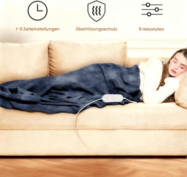 Електрична ковдра Celesta з автовимкненням, 9 режимів нагріву, таймер, для дивана, ліжка, офісу (Темно-синій, 200 x 180 см)