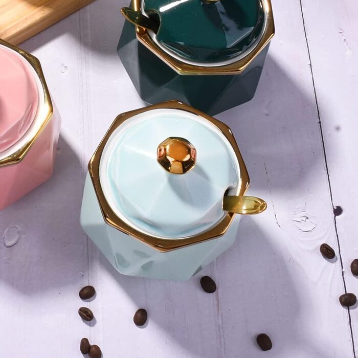 Sugar bowl with lid and spoon, ceramic sugar bowl, multifunctional sugar container, spice container, salt shaker, spice bowls, sugar bowl for kitchen, storage, organization, 280 ml (blue)