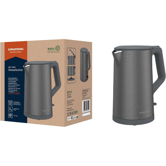 Електричний чайник Grundig WK 7340 Dark Inox: 1.5 л, 2150 Вт, автоматичне відключення, нержавіюча сталь