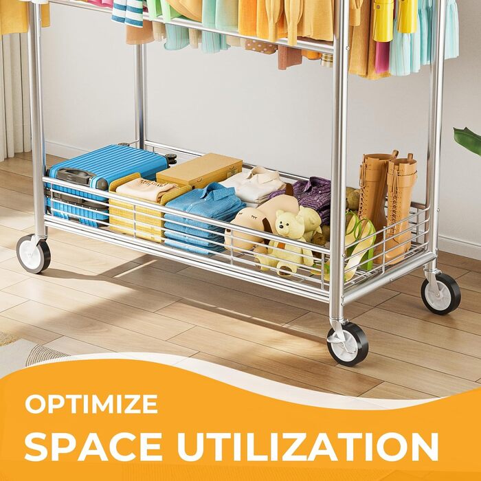 Вішалка для одягу Bomclap з міцним навантаженням, хромована, з колесами, висувна, 3 перекладини, 8 гачків, металева полиця, до 160 кг