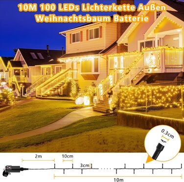 LED гірлянда на батарейках/USB, 10м, 100 світлодіодів, тепле біле світло, з таймером, вологостійка, для декору на Різдво, весілля, вечірки, балкону, саду