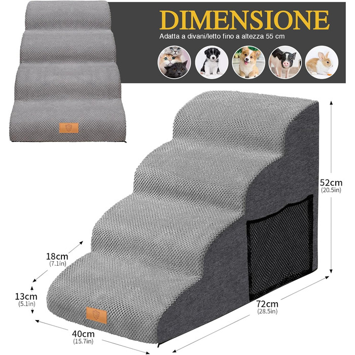 Сходинка для собак Masthome: 4 сходинки, губка, знімна та миюча оббивка, для ліжка/софи, антиковзка (сіра)