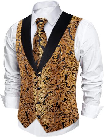 Костюм-жилет DiBanGu для чоловіків, шовковий жаккард, жилет та краватка, комплект з жабо, для смокінгу, весілля, свят, 7 предметів, золото та чорний