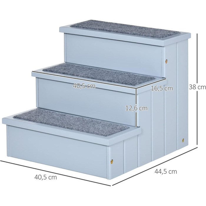 PawHut Dog Stairs 3 Steps Cat Stairs Pet Stairs Dog Stairs for Dogs and Cats Pet Stair Entry Aid with Carpet Storage for Sofa Bed Pine Wood Grey 40.5 x 44.5 x 38 cm