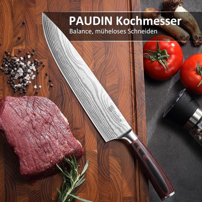 Набір кухонних ножів Paudin 5 шт. з нержавіючої сталі, включаючи кухонний ніж, ніж для хліба, сантоку, ніж для овочів та універсальний ніж