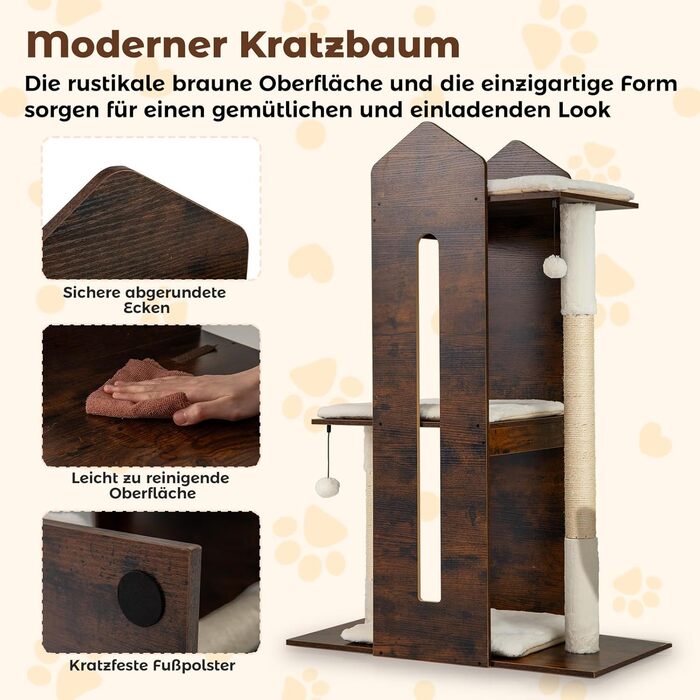 Кігтеточка для котів COSTWAY з будиночком та м'якими килимками, дерев'яний будиночок для котів, кігтеточка-кліматичне дерево, ігровий комплекс для котів 69x39x80,5 см (коричневий)