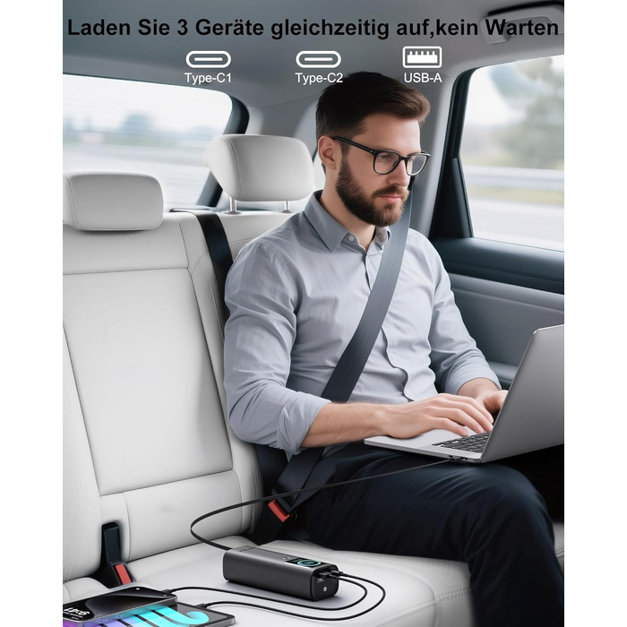 Power Bank AsperX 20000mAh 165W з USB-C кабелем, сумісний з MacBook, Dell, HP, Lenovo, iPad, iPhone, Galaxy