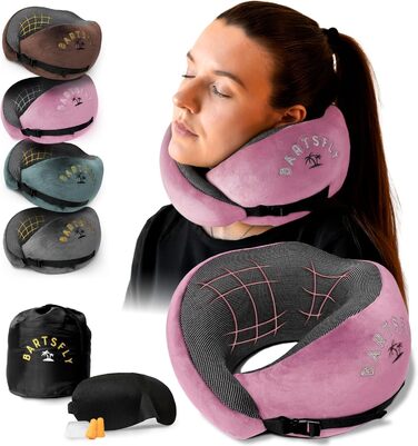 Подушка для шиї з Memory Foam - для автомобіля та літака, ергономічна, проти болю в шиї, для сну, для далеких перельотів, можна прати (Рожева)