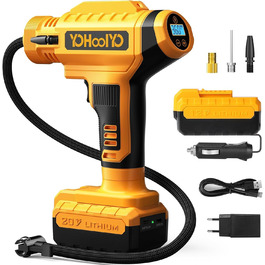 Портативний електричний компресор YOHOOLYO 150 PSI з акумулятором, для авто, мотоцикла та велосипеда, жовтий