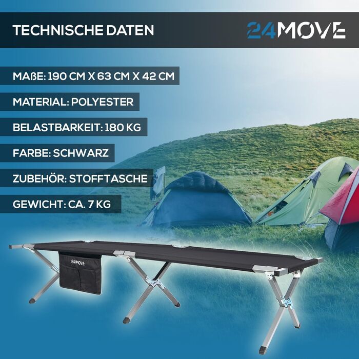 Розкладне ліжко для кемпінгу 24MOVE® - міцне, компактне, для відпочинку на природі та вдома (210x72x45 см)