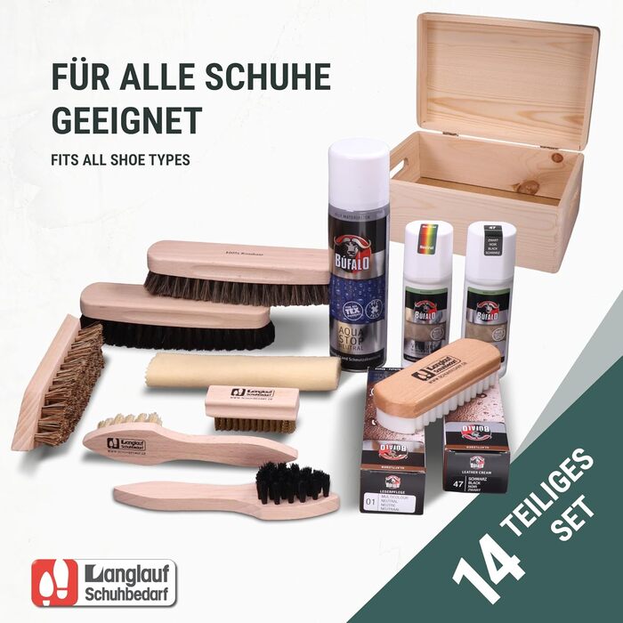Rosshaar Shoe Care Set, 15-Piece - Extra-Large Rosshaar Polishing Brushes - Large Bologna Shoe Shine Box with Contents - Shoe Brush Set for Leather Shoes & Sneakers