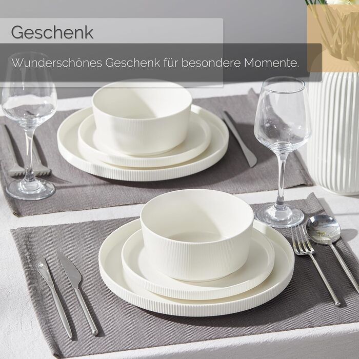 Набір посуду Jiwoo для 4 осіб (12 предметів): тарілки, супові миски, десертні тарілки - Bone China, сучасний дизайн, безпечно мити в посудомийній машині та використовувати в мікрохвильовці