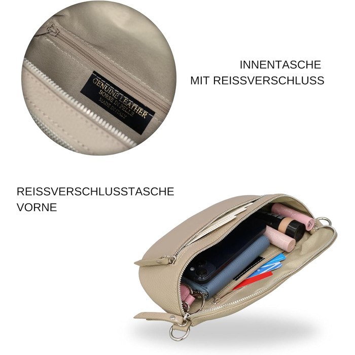 Жіноча сумка Brise Art Bauchtasche Lucia з натуральної шкіри: стильна поясна/кросбоді сумка з трьома відділеннями, зроблена в Італії (Чорний/Taupe)