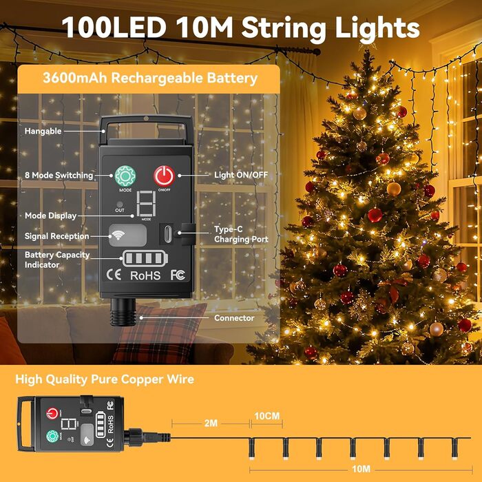 Льодосвітна гірлянда на батарейках, 10м, 100 LED, вологостійка IP44, 8 режимів, з пультом, таймер, для декору саду, вечірки, Нового року