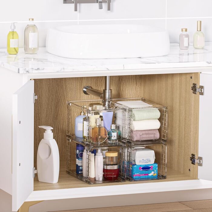 Vtopmart 4 Pack Stackable Storage Drawers, Clear Acrylic Drawer Organizers with Handles, Storage Organizer for Refrigerator, Bathroom, Closet, Pantry (4 Pack Middle)