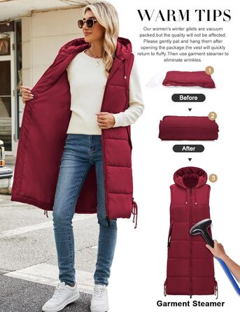 Жіноча довга степкова жилетка Vancavoo з капюшоном, червона, XXL