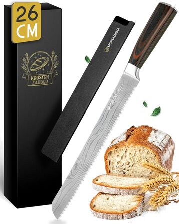 Ніж для хліба KRUSTENZAUBER з хвилястим лезом 20 см, великий ніж для хліба з довговічної нержавіючої сталі для точного та легкого нарізання, пиляльний ніж для хліба та булочок (26 см, дерев'яний грифель)