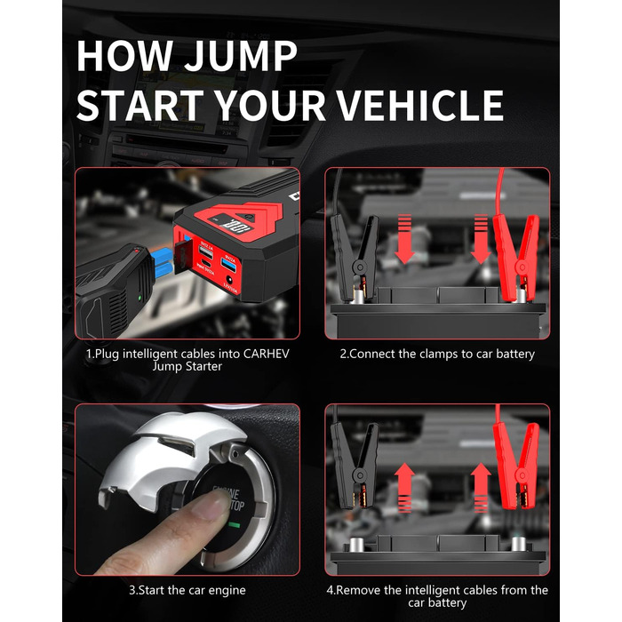 Портативний пусковий пристрій Starthilfe Powerbank для автомобіля: 3000A, LED ліхтарик, 12V, для бензинових та дизельних двигунів (до 10L)