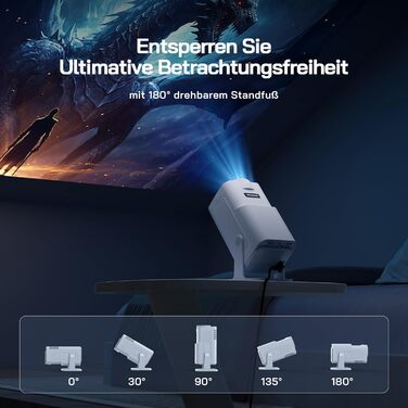 WOLFANG Міні проєктор 4K з Netflix, 26000 люмен, WiFi 6, Smart, 50% Zoom, корекція трапеції, 180° поворот, сумісний з TV Stick/iOS/Android/PC/PS5/HDMI/AV