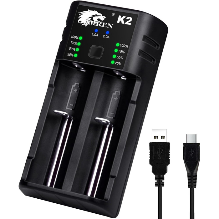 Зарядний пристрій IMREN 18650 з 4 слотами, 2A, USB-C, для акумуляторів 18350, 14500, 14650, 17500, 18700, 20700, 21700, 22650, 26650, 1.2V NI-MH/NI-Cd AA AAA C