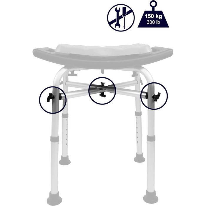 KMINA Shower Stool for Seniors - 150 kg Capacity, Double-Reinforced Crossbar, Cushion, Height Adjustable, Black, Tool-Free Assembly - Made in Europe