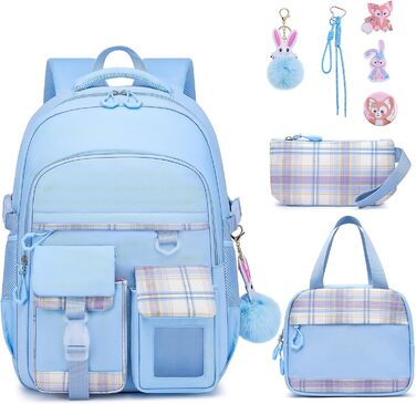 KEBEIXUAN Шкільний рюкзак для дівчаток | Милий рюкзак для початкової школи (1-5 класи) | Дихаючий, водовідштовхуючий рюкзак для дівчаток + ізольована сумка для обіду + пенал, блакитний