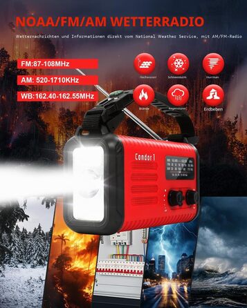 Радіо Kurbelradio 20000mAh сонячне з ручним заводом, AM/FM, SOS, LED-ліхтарик, USB зарядка для телефону, аварійне радіо при відключенні електроенергії (Червоне)