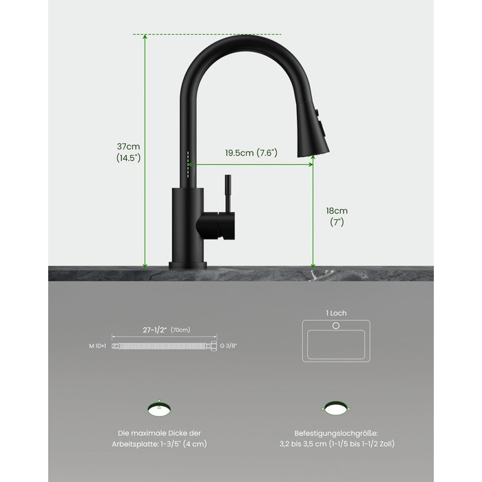 Кухонний змішувач DayOne з висувною лійкою, нержавіюча сталь SUS304, високий тиск, кухонний кран з 2 функціями, поворотний на 360°, для кухні (низький тиск, 247mb-niederdruck)