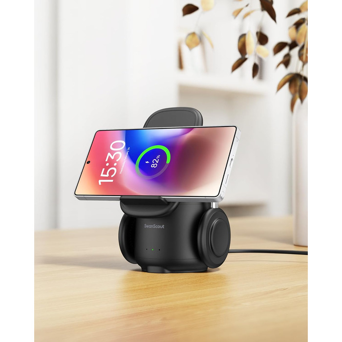 Бездротова зарядка SwanScout 3-в-1 для Samsung S25 Ultra, S24, S23, Z Flip 7, Z Fold 7, Galaxy Watch 8/Ultra/7/6/5/Buds, білий (чорний)