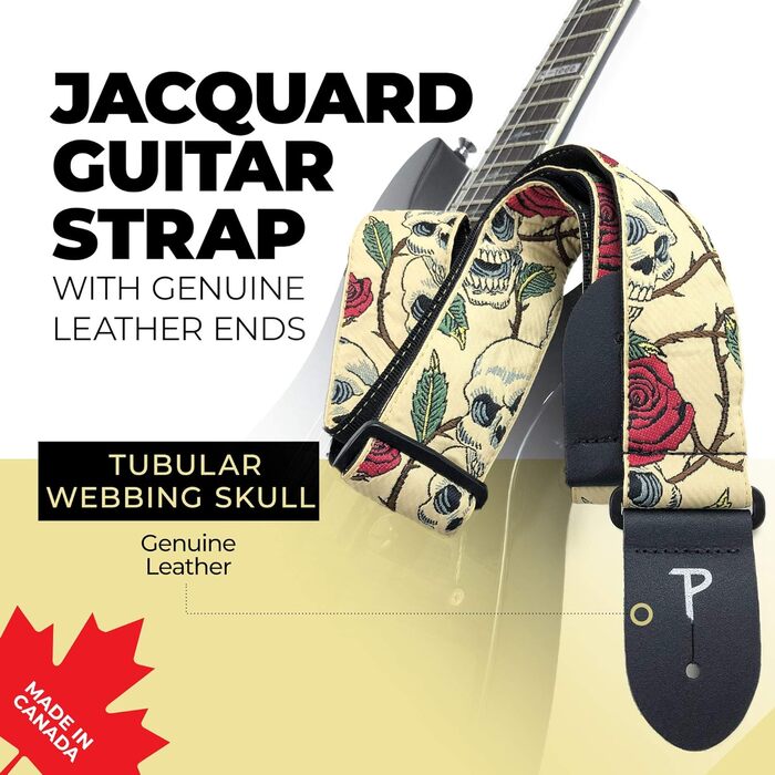 Гітарний ремінь Perri's Leathers Rose - Нейлон, жаккард, рожевий та черепи - для акустичної/басової/електрогітари - виготовлено в Канаді
