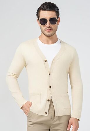 Чоловічий светр з V-подібним вирізом KUYIGO, в'язаний, з ґудзиками, з кишенями, легкий, м'який, apricot (3XL, XL)