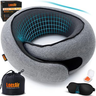 Подушка для шиї у літак, автомобіль: 100% бавовна та Memory Foam, легка та зручна, повний дорожній набір (маска для сну, беруші) - світло-сірий, класична модель