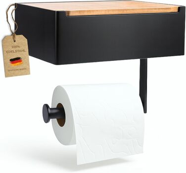 Pandonix Stainless Steel & Bamboo Toilet Paper Holder with Wet Wipe Dispenser - No Drill Installation - Black