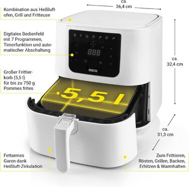 Фритюрниця-конвекційна піч Heißluftfritteuse Midnight Edition 5.5 л, білий колір, 1800 Вт, 7 програм, цифровий дисплей