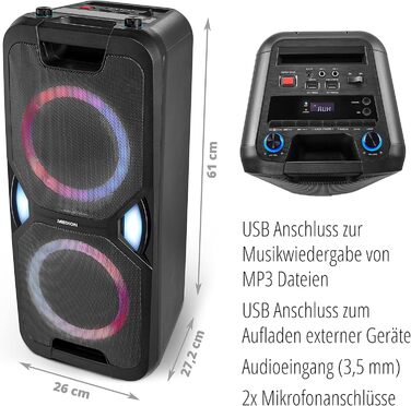 MEDION Party-Soundsystem P67038: караоке-система з LED, Bluetooth 5.0, USB, AUX, 2 мікрофони, 220W