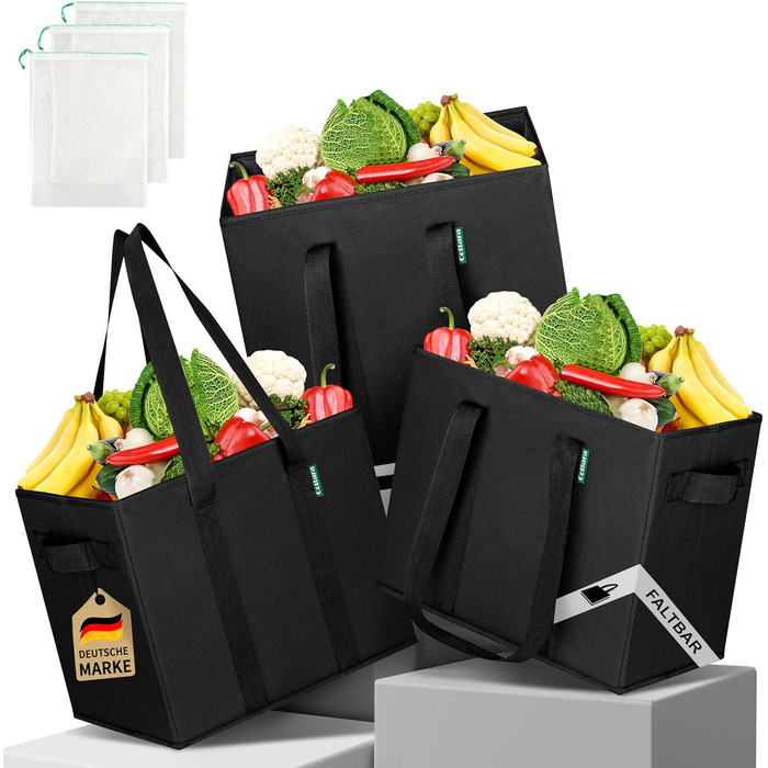 Large Foldable Shopping Bags 3-Pack & Fruit Net – Sturdy Large Foldable Shopping Basket with Reinforced Bottom – Ideal Shopping Bag for Shopping Carts & Trunk – 80 L Black