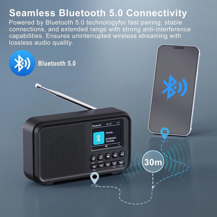 Портативне DAB/DAB+ радіо з Bluetooth 5.0, FM, акумулятором 3000mAh, дисплеєм 2.4