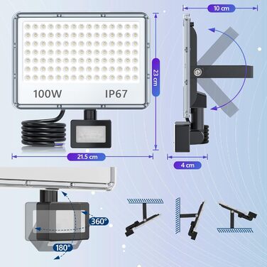 LED Floodlights with Motion Sensor Outdoor 50W 2 Pack, 5000LM LED Spotlights with Motion Sensor, 7000K Cool White Outdoor Floodlights, IP67 Waterproof Floodlights for Warehouse, Garden, Garage (100W-1PC)